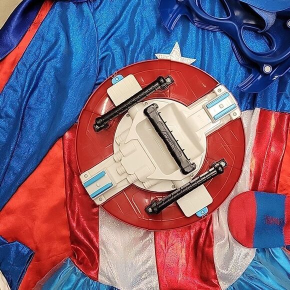 Captain America dress, cape, shield, socks, mask Childs Large 12-14 - Picture 8 of 12
